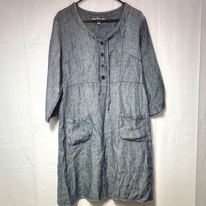 Flax Gray Button-Front Long Sleeve Tunic Dress